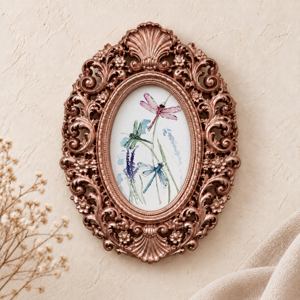 Dragonflies in the Garden framed art print, rose gold baroque frame
