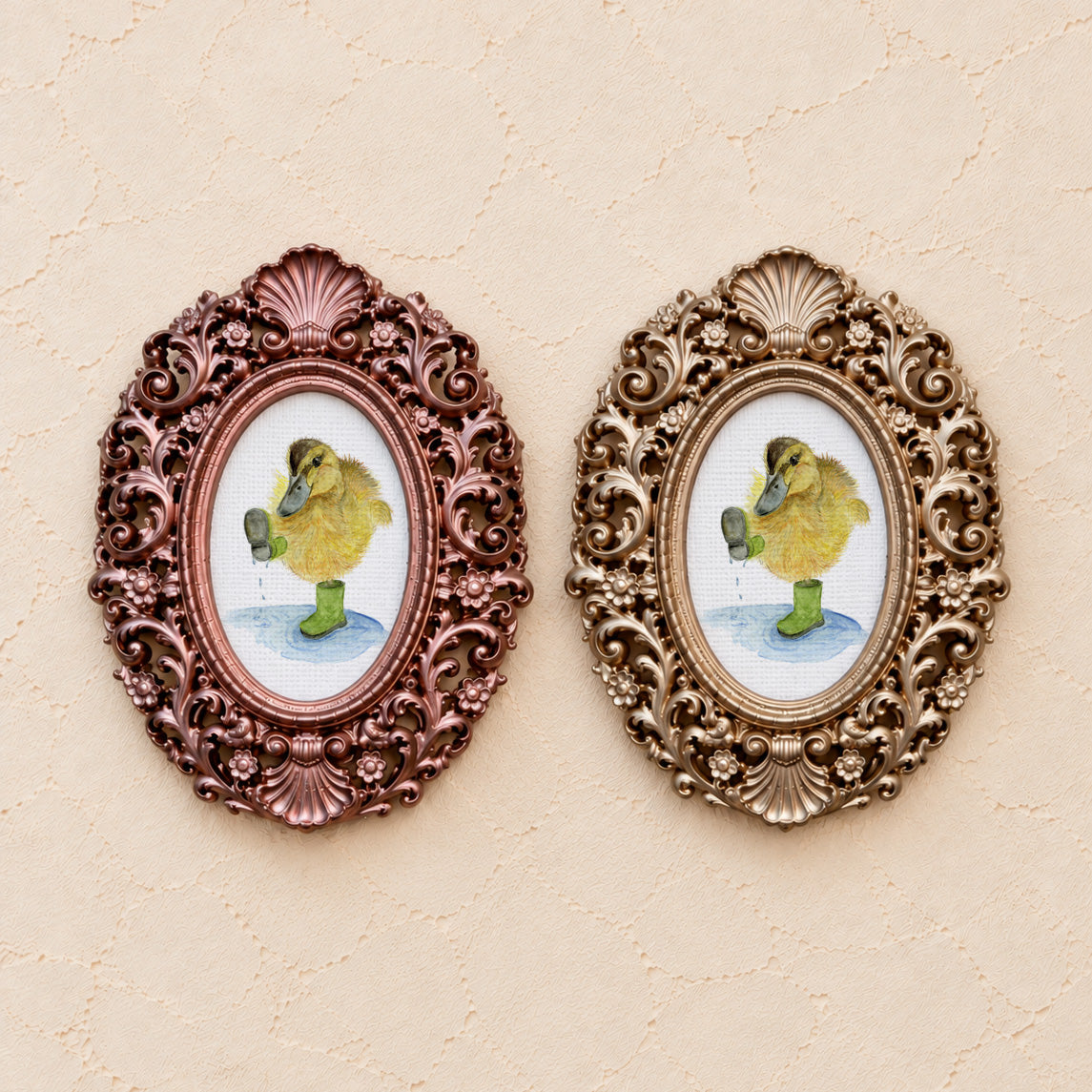 Duckling in Rain Boots, gold and rose gold side by side