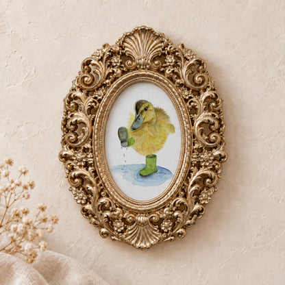 Duckling in Rain Boots framed art print, gold baroque frame