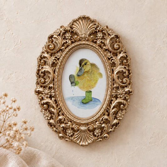 Duckling in Rain Boots framed art print, gold baroque frame