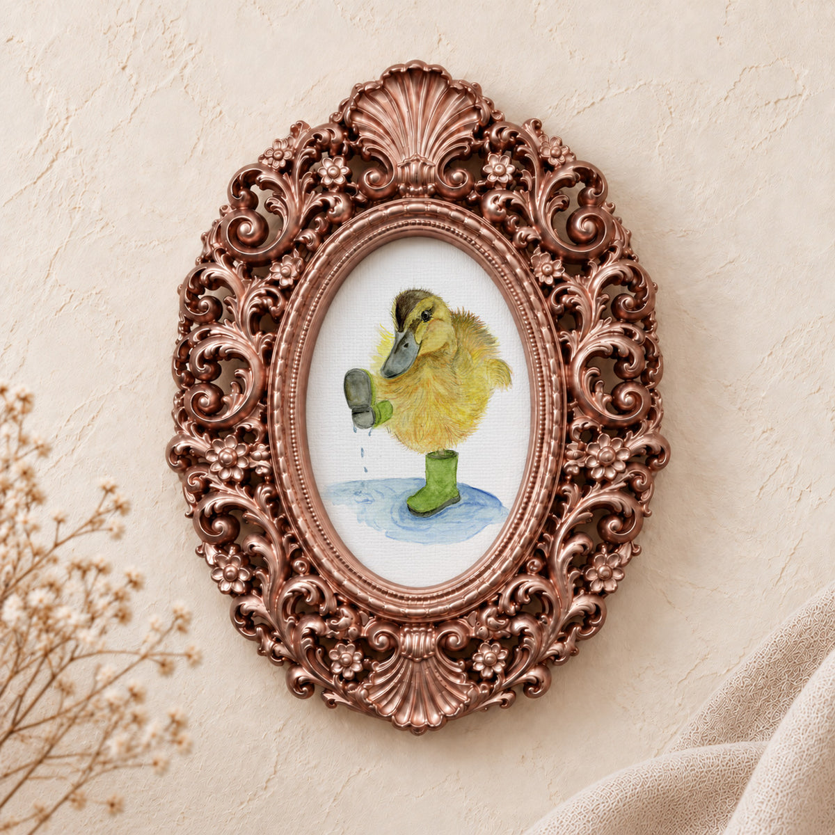 Duckling in Rain Boots framed art print, rose gold baroque frame