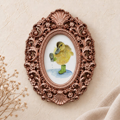 Duckling in Rain Boots framed art print, rose gold baroque frame