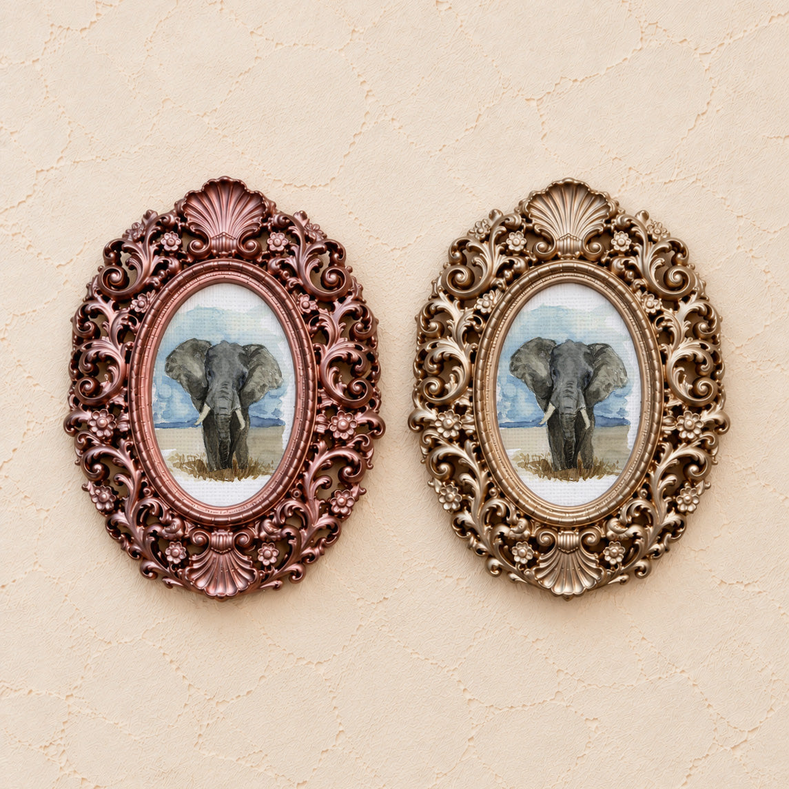 Elephant Portrait, gold and rose gold side by side