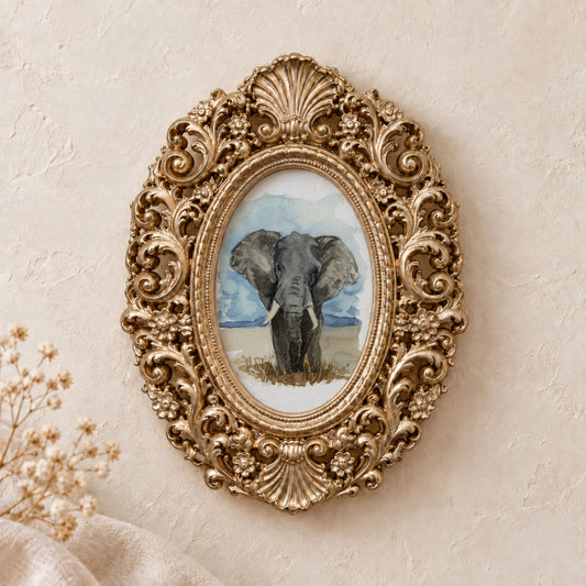 Elephant Portrait framed art print, gold baroque frame