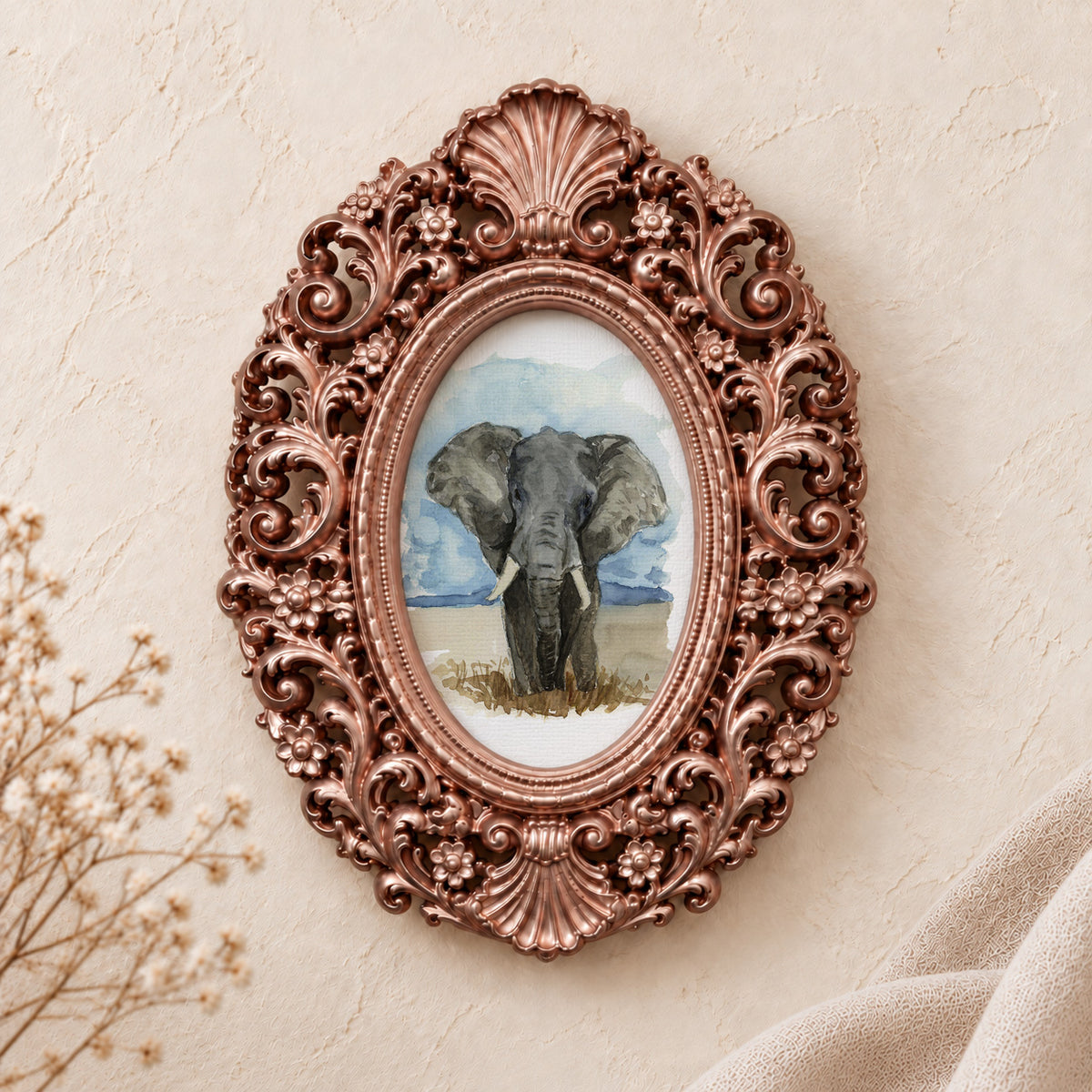 Elephant Portrait framed art print, rose gold baroque frame