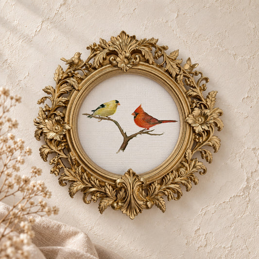 Finch and Cardinal round framed art print, gold baroque frame