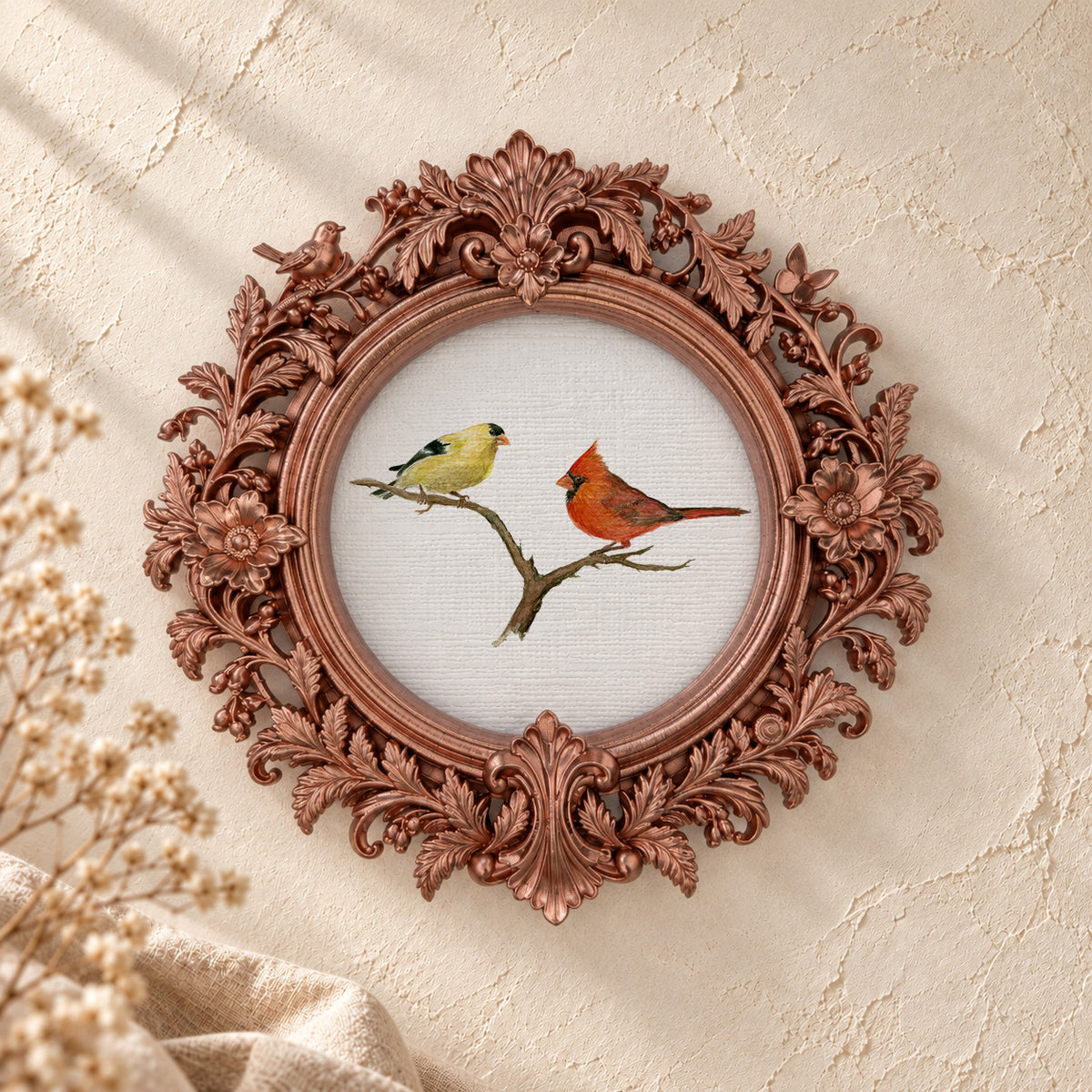 Finch and Cardinal round framed art print, rose gold baroque frame