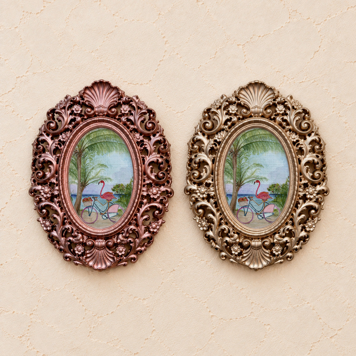 Flamingo Bicycle Beach Day, gold and rose gold side by side