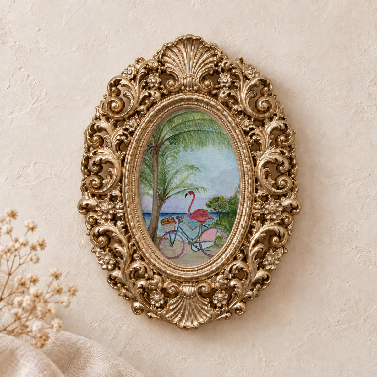 Flamingo Bicycle Beach Day framed art print, gold baroque frame