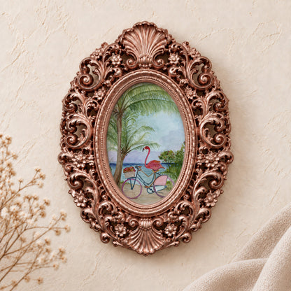 Flamingo Bicycle Beach Day framed art print, rose gold baroque frame
