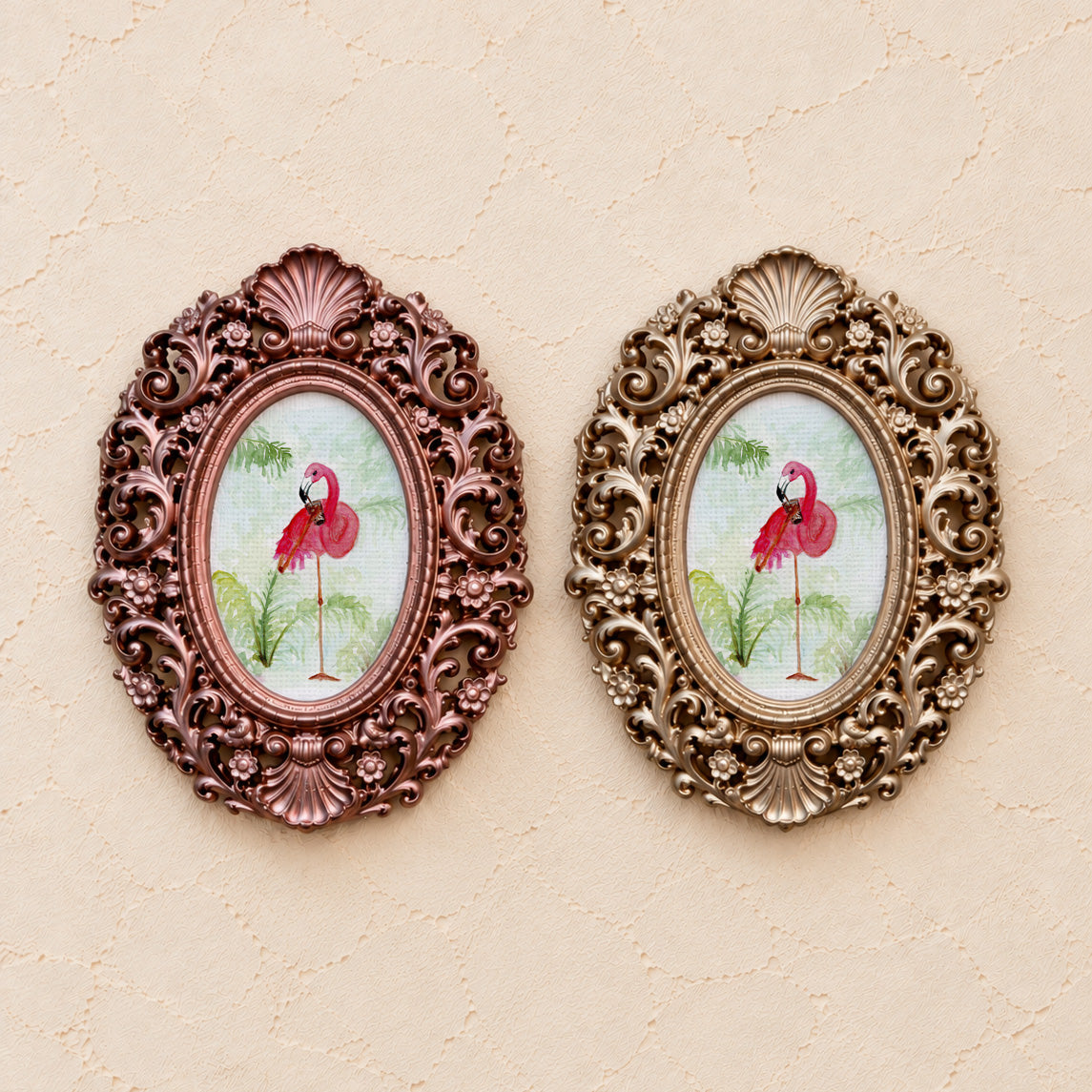 Flamingo Preening, gold and rose gold side by side