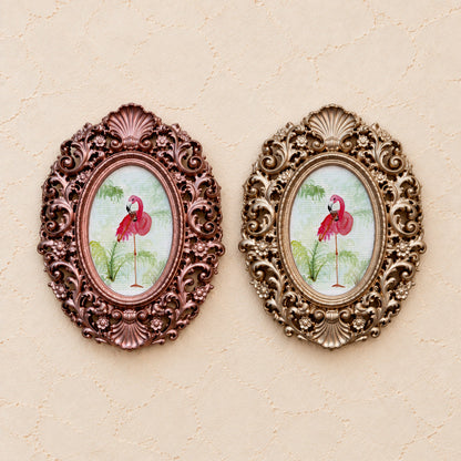 Flamingo Preening, gold and rose gold side by side