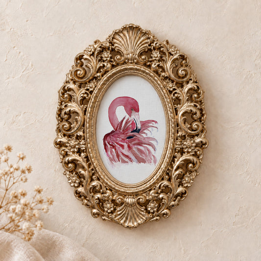Flamingo Preening Close-Up framed art print, gold baroque frame