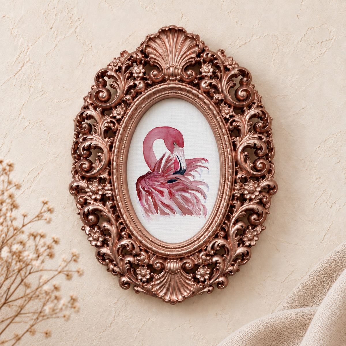 Flamingo Preening Close-Up framed art print, rose gold baroque frame