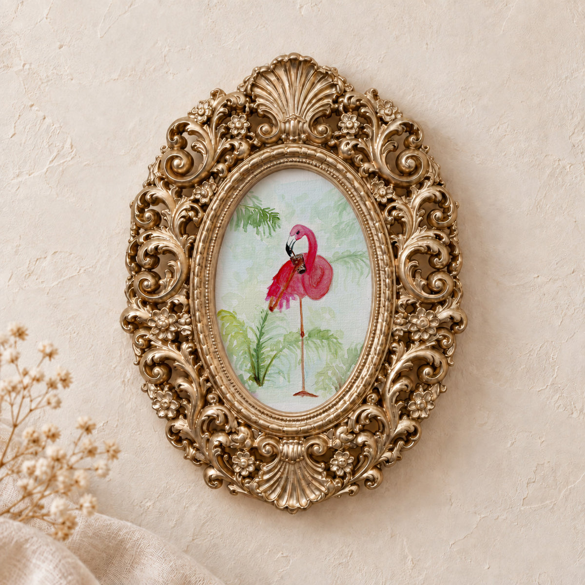Flamingo Preening framed art print, gold baroque frame