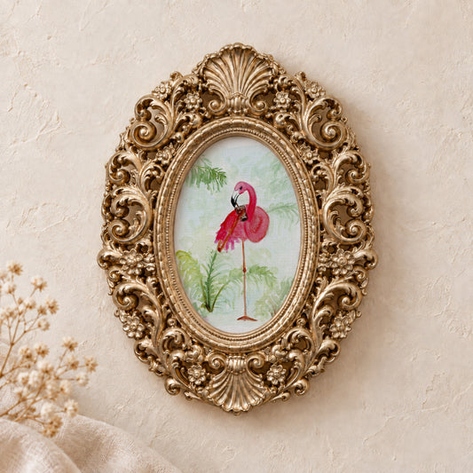 Flamingo Preening framed art print, gold baroque frame