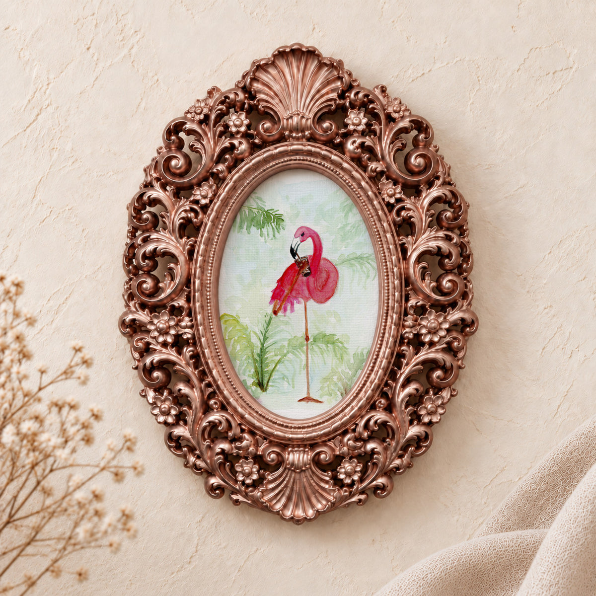 Flamingo Preening framed art print, rose gold baroque frame