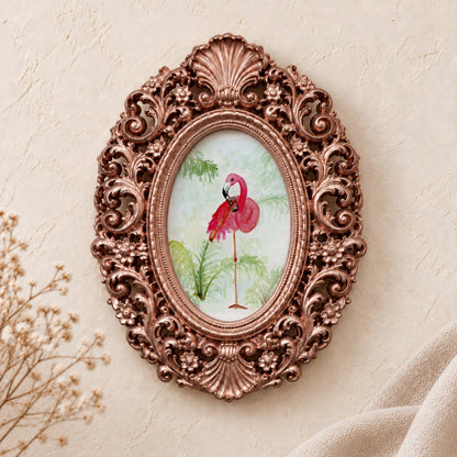Flamingo Preening framed art print, rose gold baroque frame