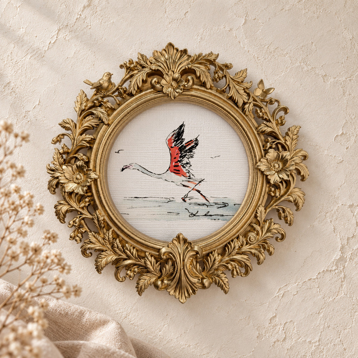 Flamingo Taking Flight round framed art print, gold baroque frame