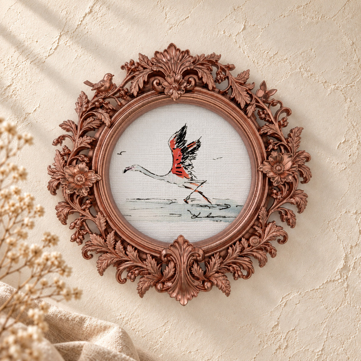 Flamingo Taking Flight round framed art print, rose gold baroque frame