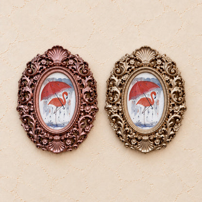 Flamingo and Umbrella, gold and rose gold side by side
