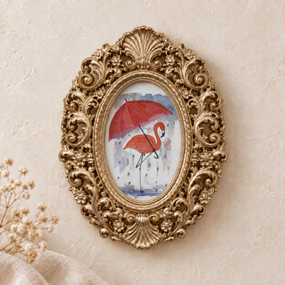 Flamingo and Umbrella framed art print, gold baroque frame
