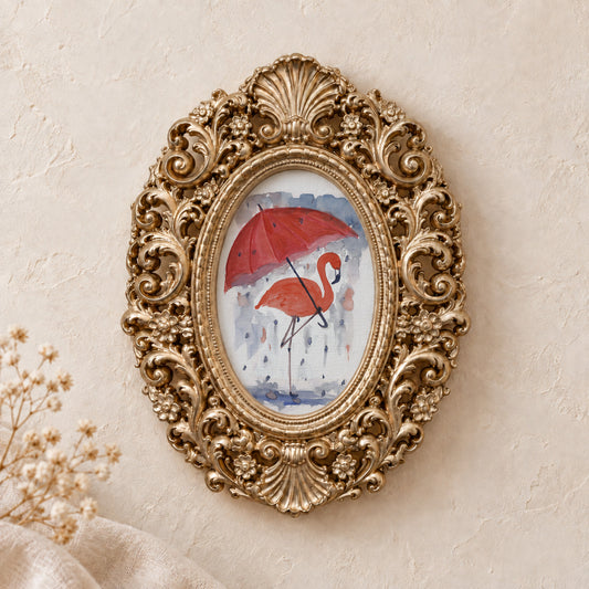 Flamingo and Umbrella framed art print, gold baroque frame