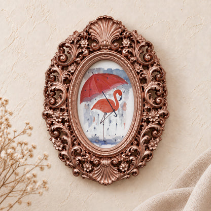 Flamingo and Umbrella framed art print, rose gold baroque frame