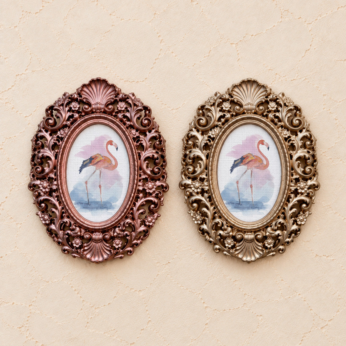 Flamingo in Motion, gold and rose gold side by side