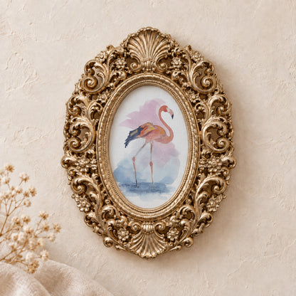 Flamingo in Motion framed art print, gold baroque frame