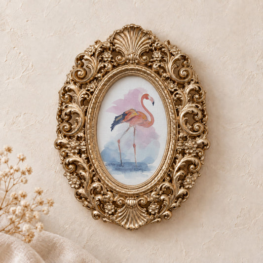 Flamingo in Motion framed art print, gold baroque frame