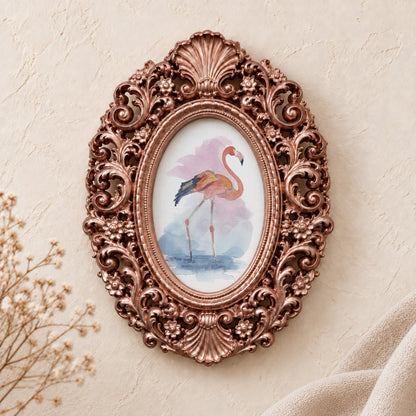 Flamingo in Motion framed art print, rose gold baroque frame