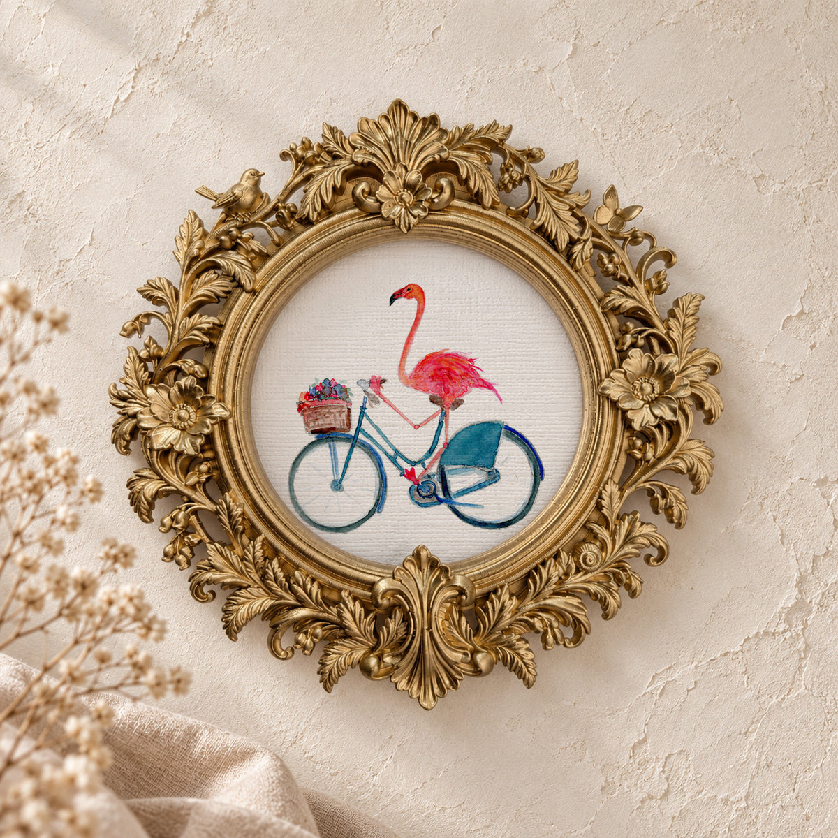 Flamingo on a Bicycle round framed art print, gold baroque frame