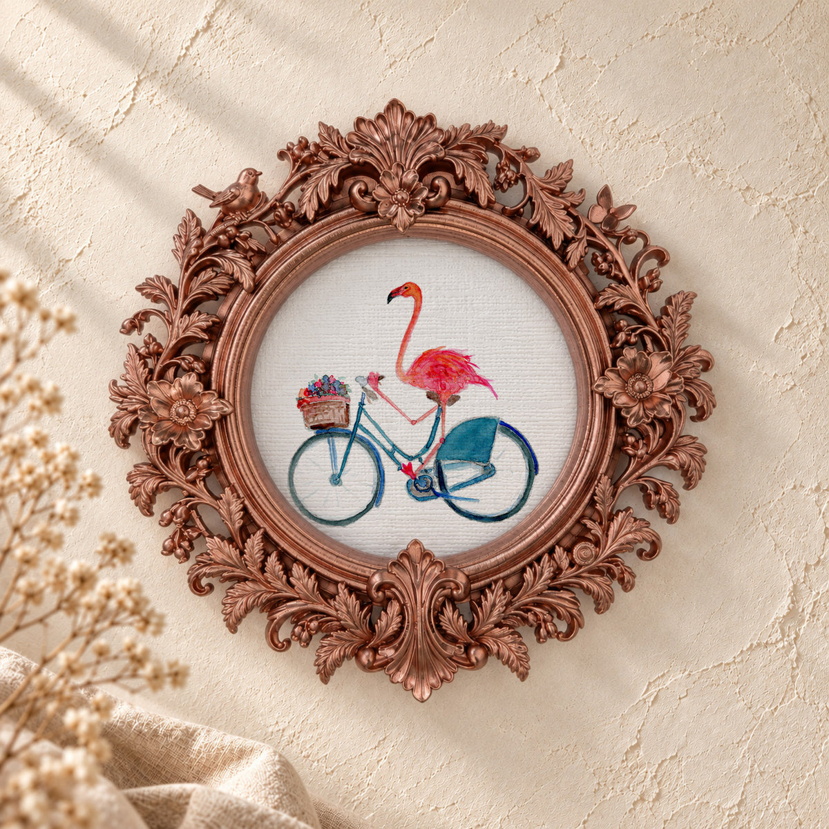 Flamingo on a Bicycle round framed art print, rose gold baroque frame