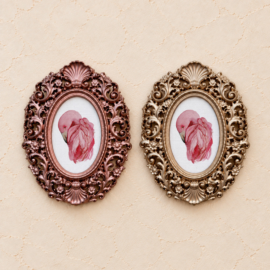 Flamingo's Feathers, gold and rose gold side by side