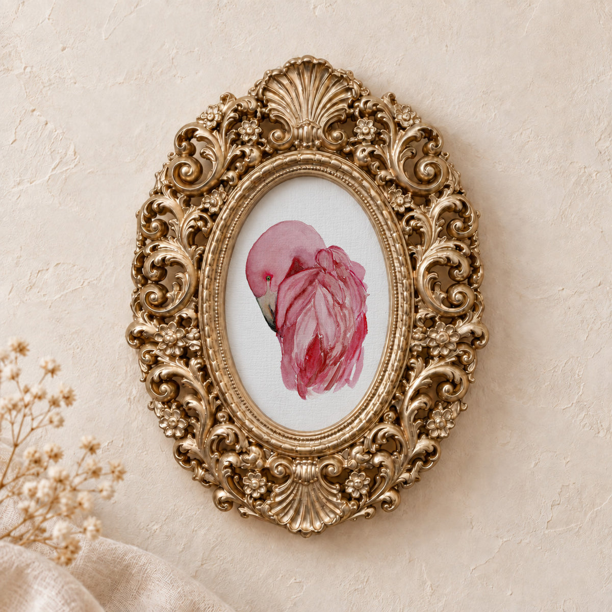 Flamingo's Feathers framed art print, gold baroque frame