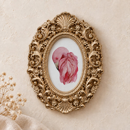 Flamingo's Feathers framed art print, gold baroque frame