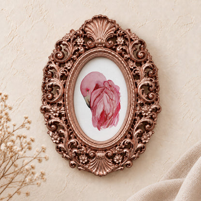 Flamingo's Feathers framed art print, rose gold baroque frame