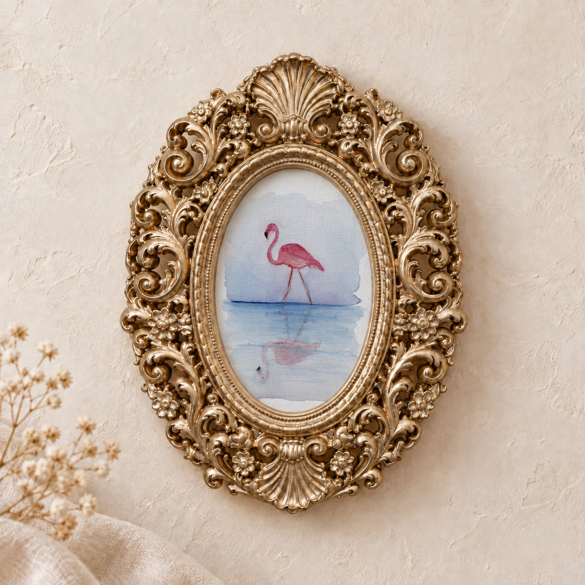 Flamingo's Reflection framed art print, gold baroque frame