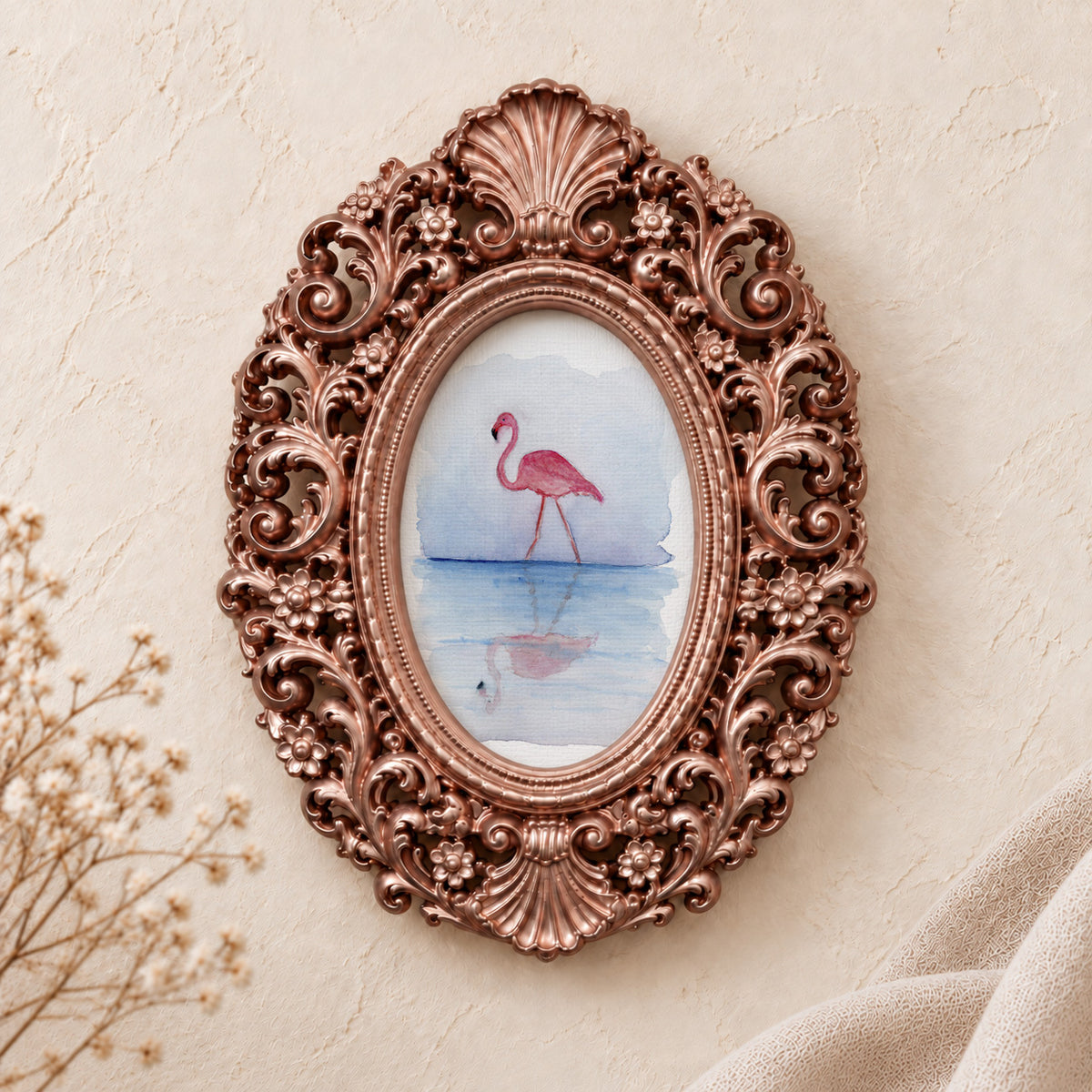 Flamingo's Reflection framed art print, rose gold baroque frame