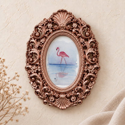 Flamingo's Reflection framed art print, rose gold baroque frame
