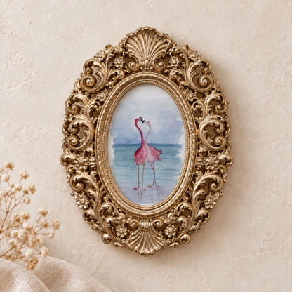 Flamingos in Love framed art print, gold baroque frame
