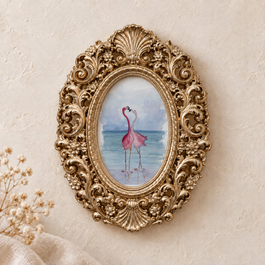 Flamingos in Love framed art print, gold baroque frame