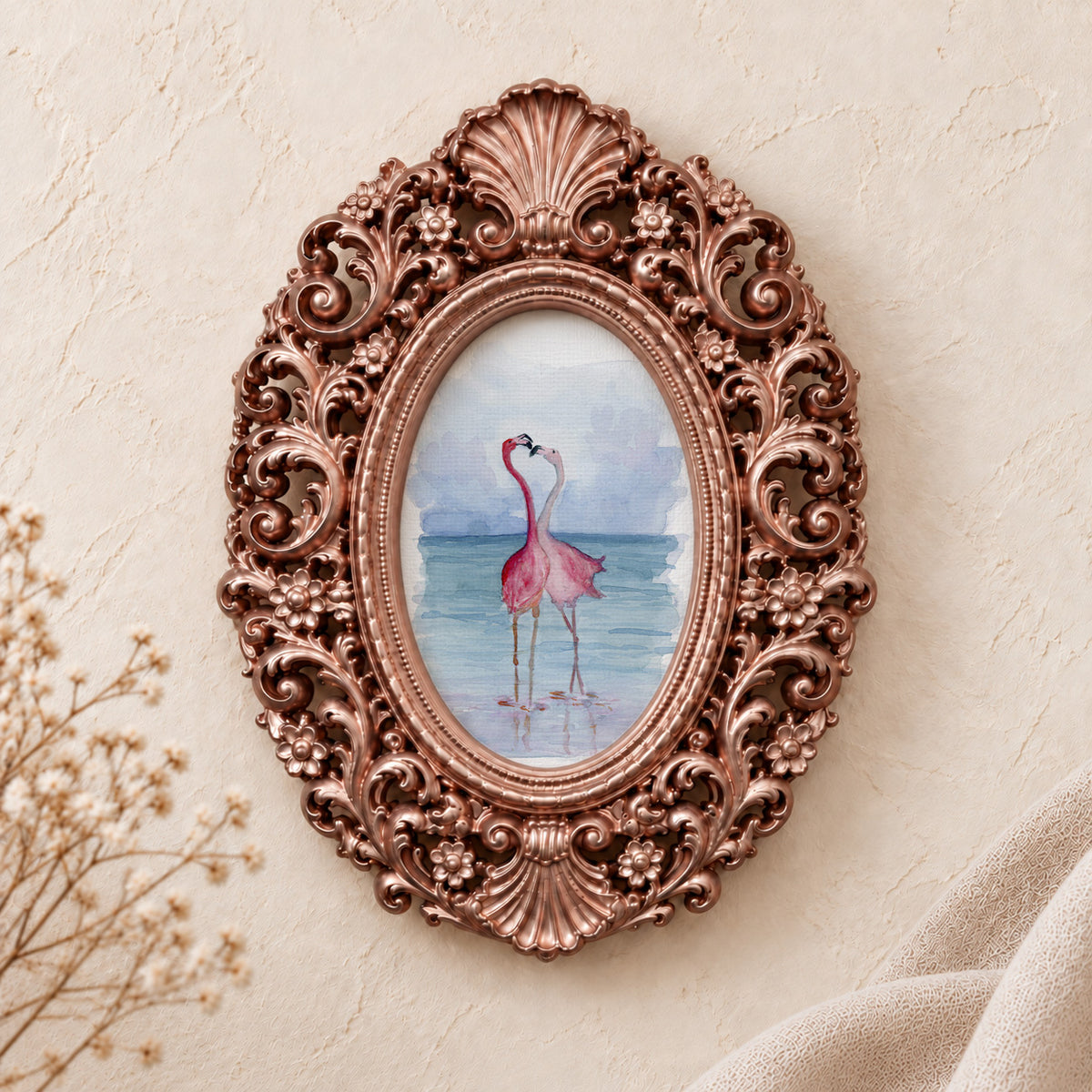 Flamingos in Love framed art print, rose gold baroque frame