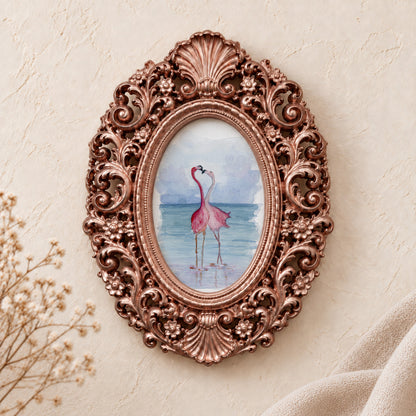 Flamingos in Love framed art print, rose gold baroque frame