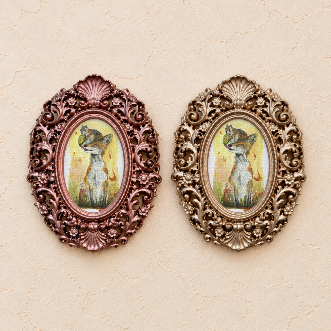 Fox and Squirrel Sharing, gold and rose gold side by side