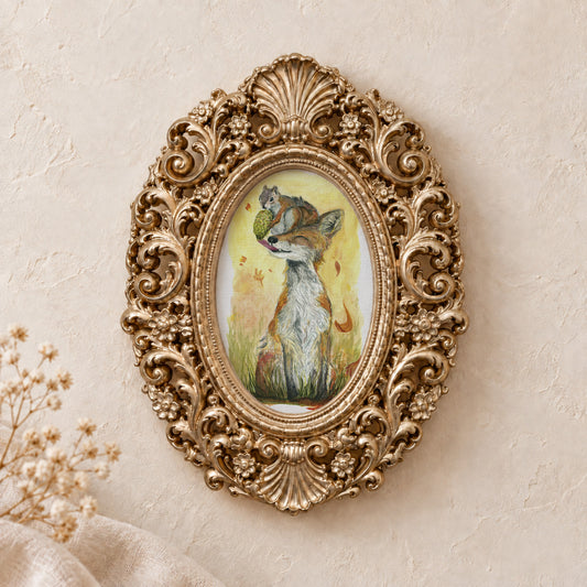 Fox and Squirrel Sharing framed art print, gold baroque frame