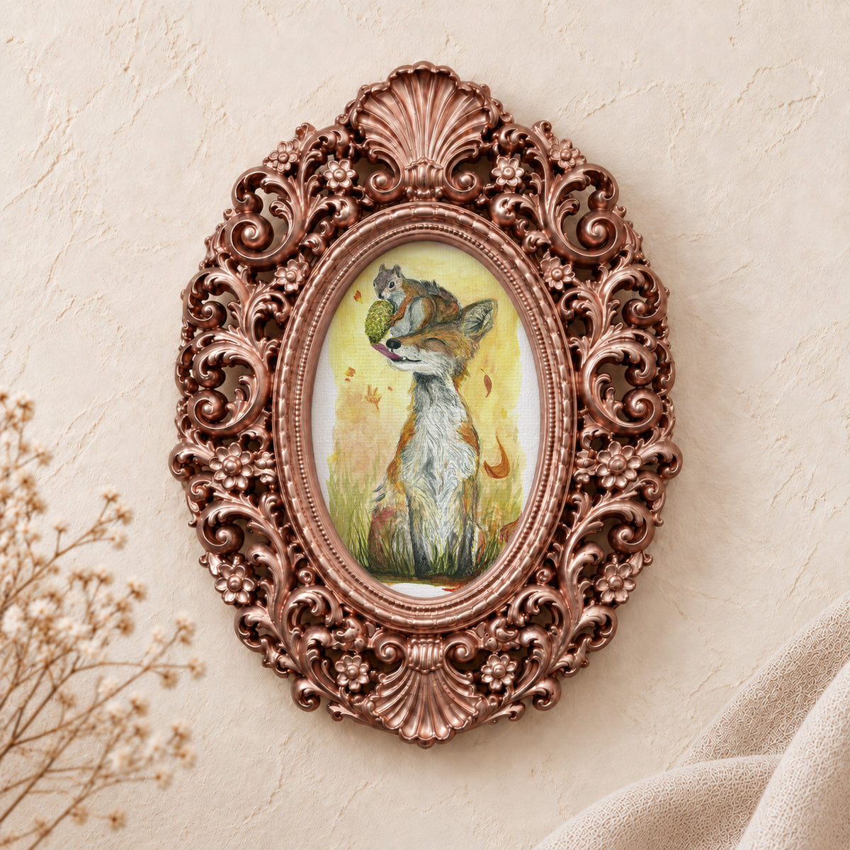 Fox and Squirrel Sharing framed art print, rose gold baroque frame