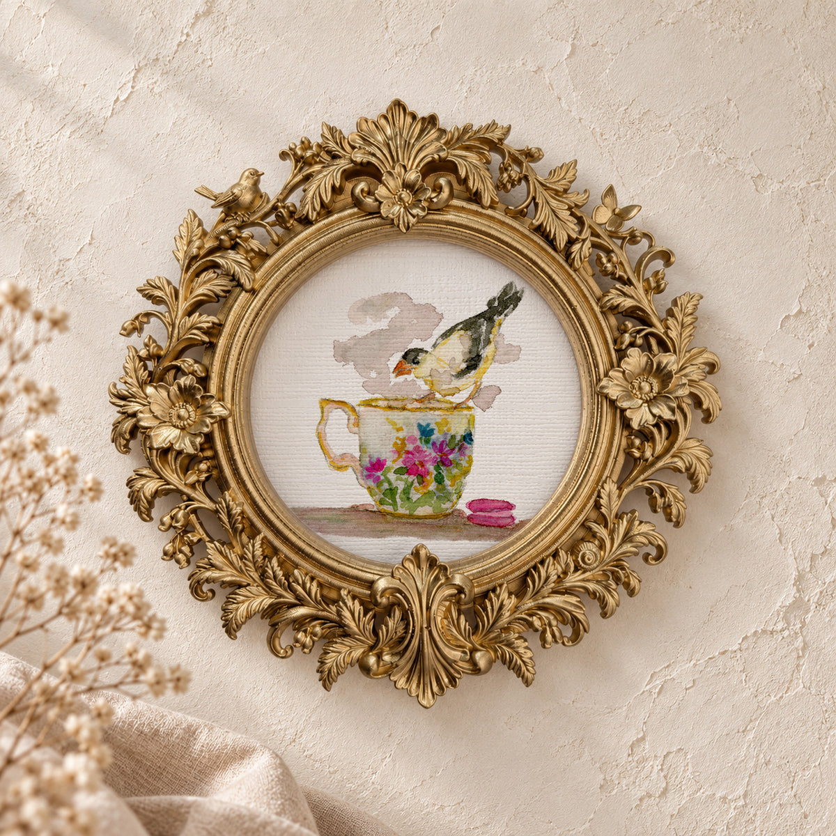 Goldfinch on a Teacup round framed art print, gold baroque frame