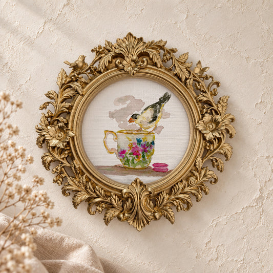 Goldfinch on a Teacup round framed art print, gold baroque frame